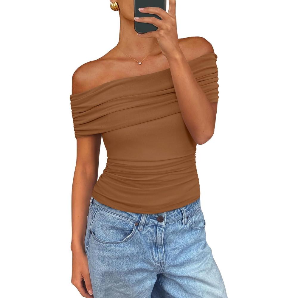 imagePRETTYGARDEN Off The Shoulder Tops for Women Summer Short Sleeve Ruched Slim Fit Shirts Blouses Y2K Going Out TopLight Brown