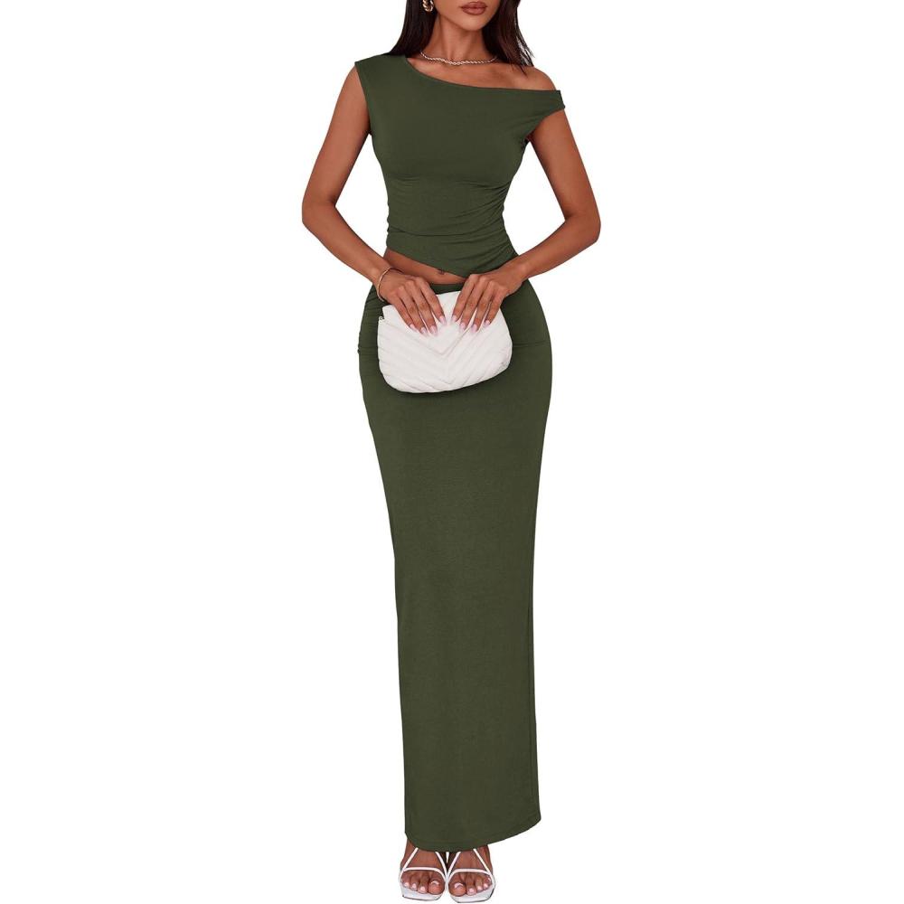 imagePRETTYGARDEN Skirt Sets Women 2 Piece Outfits Summer 2025 One Shoulder Sexy Ruched Bodycon Maxi Long SkirtsArmy Green