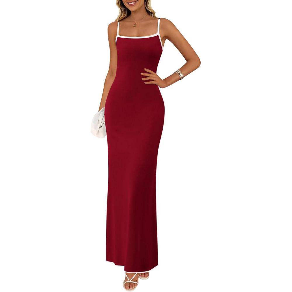 imagePRETTYGARDEN Spring Dresses for Women 2025 Summer Resort Wear Sexy Bodycon Sundress Spaghetti Strap Vacation Maxi DressWine Red