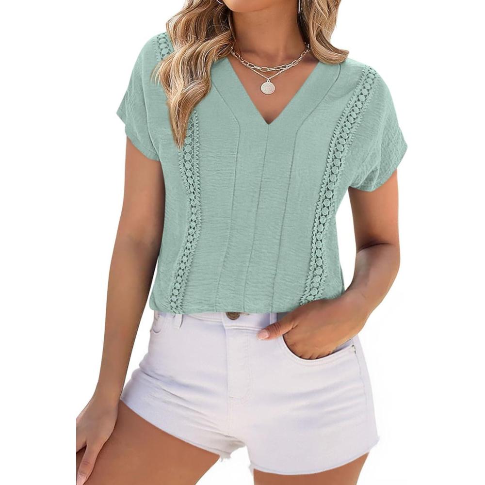 imagePRETTYGARDEN Spring Tops for Women 2026 Summer Fashion Clothes Dressy Casual Blouses Cap Sleeve V Neck Shirts Work OutfitsLight Green