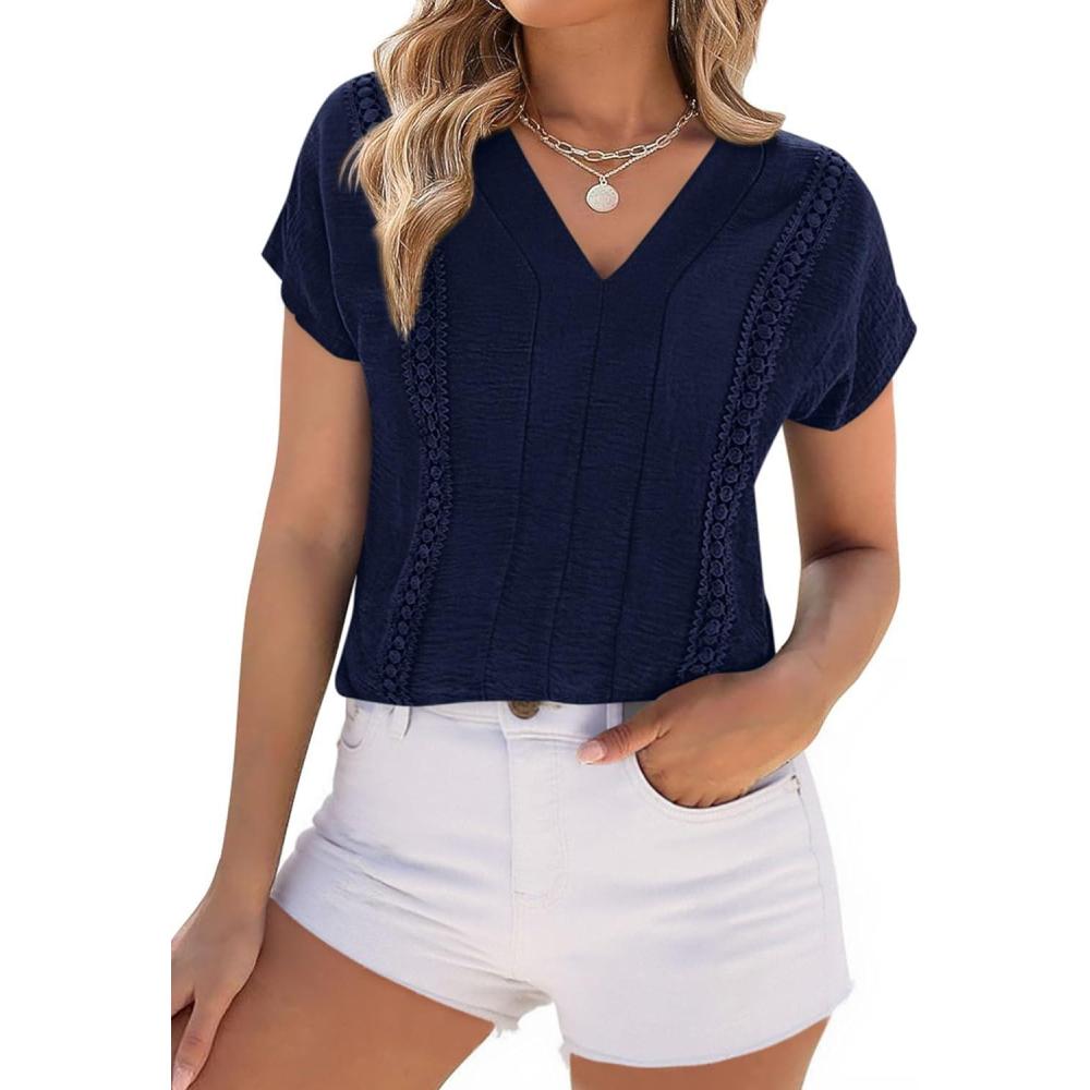 imagePRETTYGARDEN Spring Tops for Women 2026 Summer Fashion Clothes Dressy Casual Blouses Cap Sleeve V Neck Shirts Work OutfitsNavy Blue