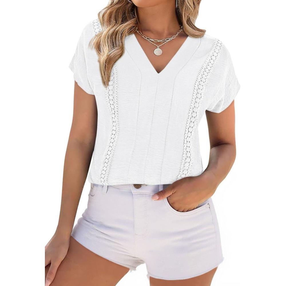 imagePRETTYGARDEN Spring Tops for Women 2026 Summer Fashion Clothes Dressy Casual Blouses Cap Sleeve V Neck Shirts Work OutfitsWhite