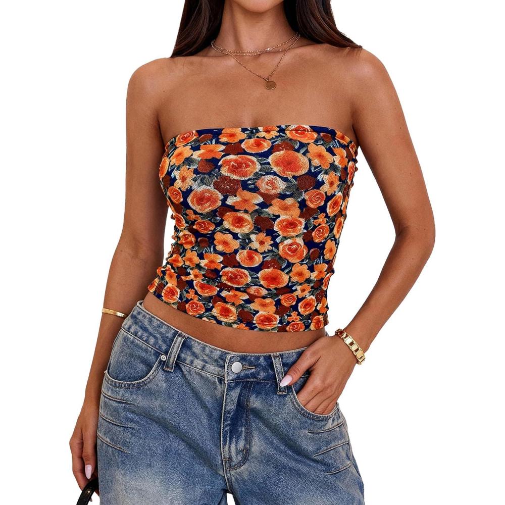imagePRETTYGARDEN Strapless Tube Tops for Women 2026 Summer Mesh Floral Y2K Bandeau Cute Crop Top Trendy Going Out OutfitsDark Blue Orange Red