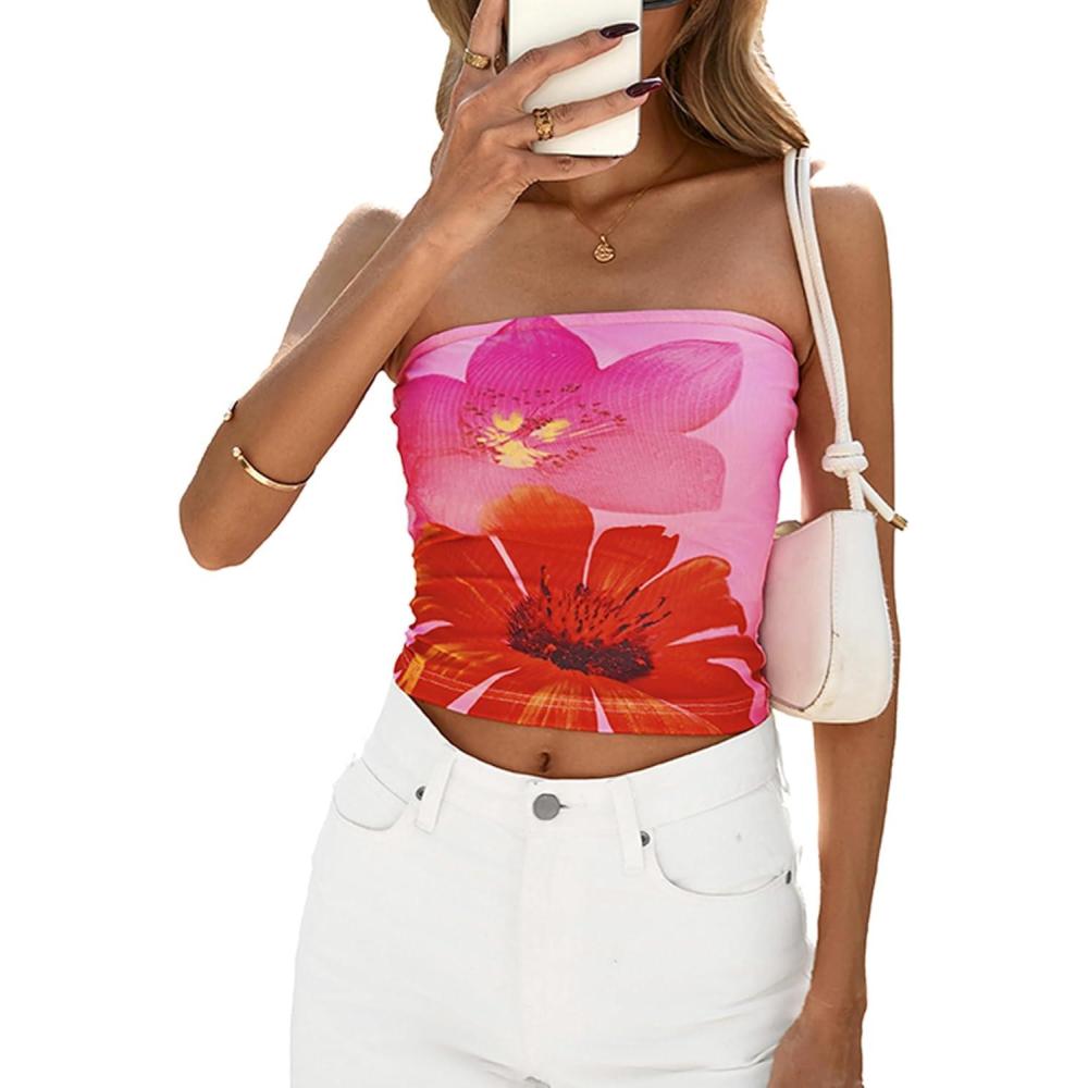 imagePRETTYGARDEN Strapless Tube Tops for Women 2026 Summer Mesh Floral Y2K Bandeau Cute Crop Top Trendy Going Out OutfitsPink