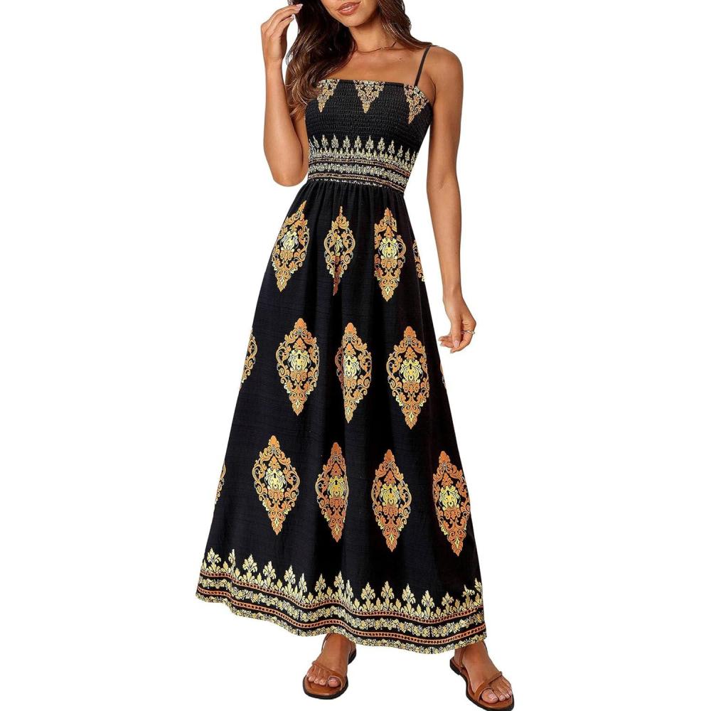 imagePRETTYGARDEN Summer Dress for Women 2026 Floral Sundress Spaghetti Strap Flowy Beach Vacation Boho Maxi DressesBlack Floral