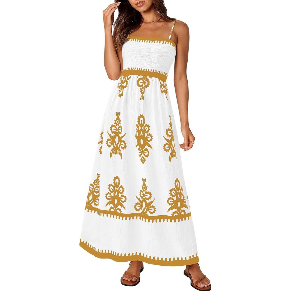 imagePRETTYGARDEN Summer Dress for Women 2026 Floral Sundress Spaghetti Strap Flowy Beach Vacation Boho Maxi DressesWhite Khaki Floral