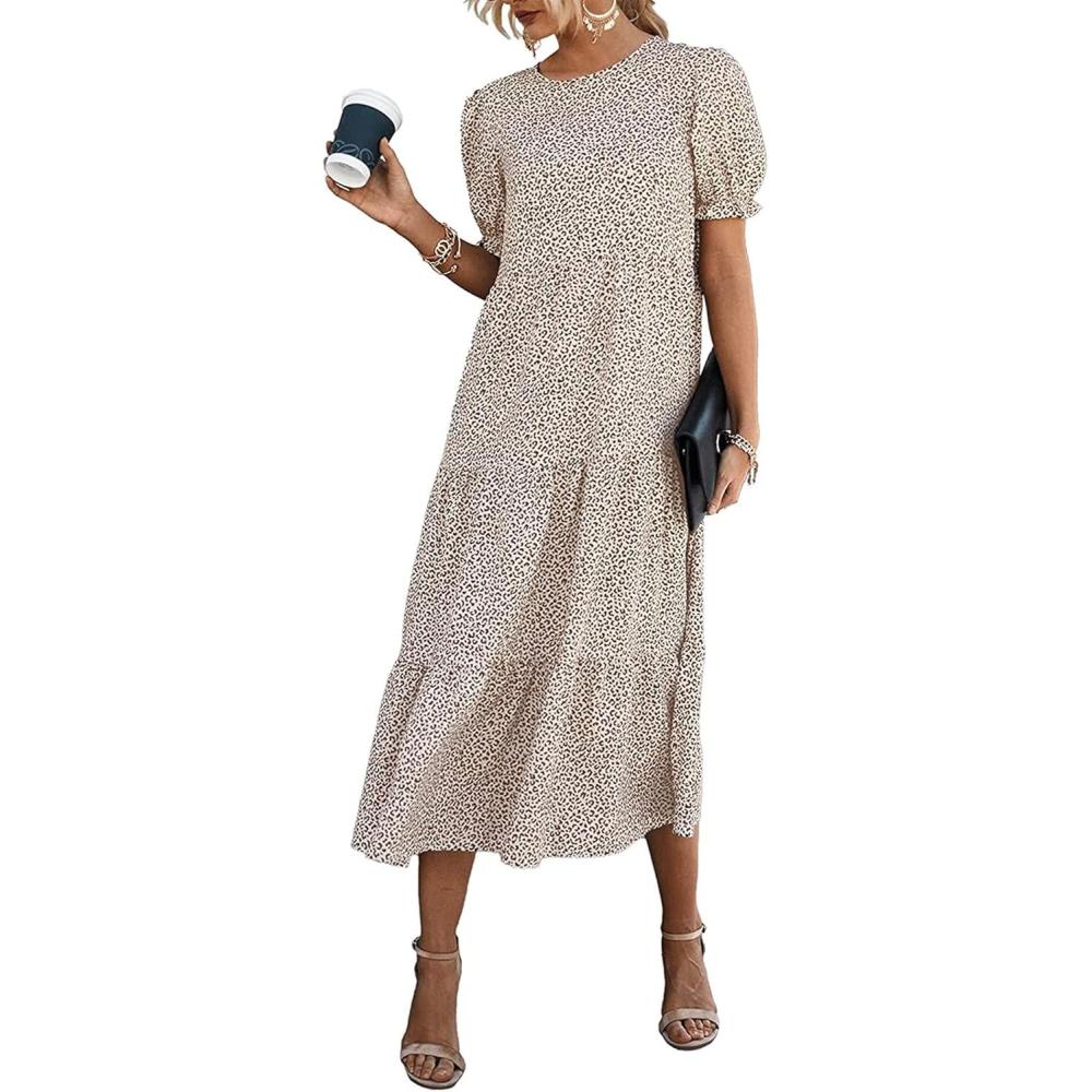 imagePRETTYGARDEN Summer Dresses for Women 2026 Casual Floral Boho Midi Sun Dress Puff Short Sleeve Flowy Beach Vacation SundressAPRICOT