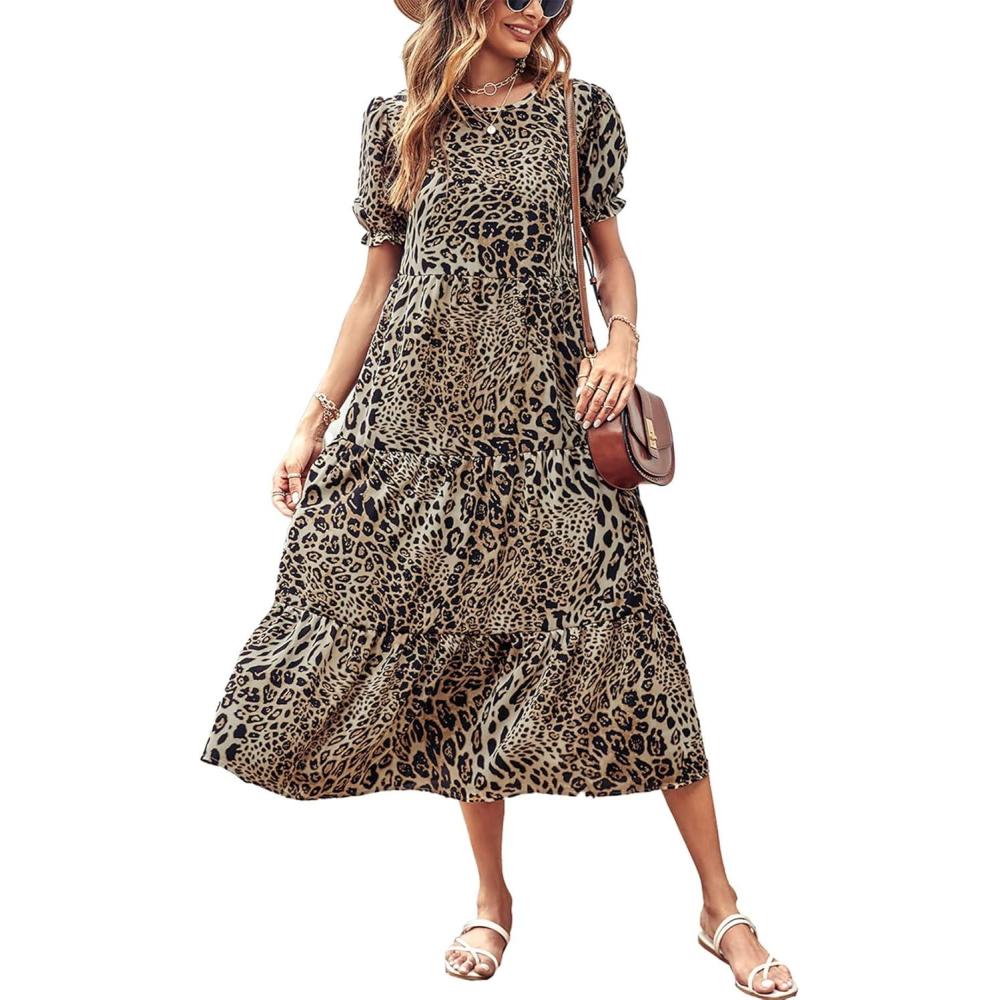 imagePRETTYGARDEN Summer Dresses for Women 2026 Casual Floral Boho Midi Sun Dress Puff Short Sleeve Flowy Beach Vacation SundressBlackBeige
