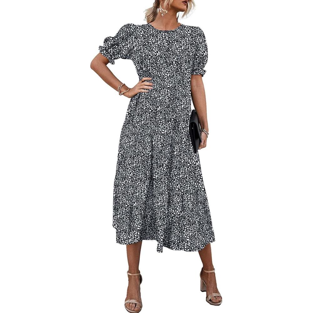 imagePRETTYGARDEN Summer Dresses for Women 2026 Casual Floral Boho Midi Sun Dress Puff Short Sleeve Flowy Beach Vacation SundressBlackWhite