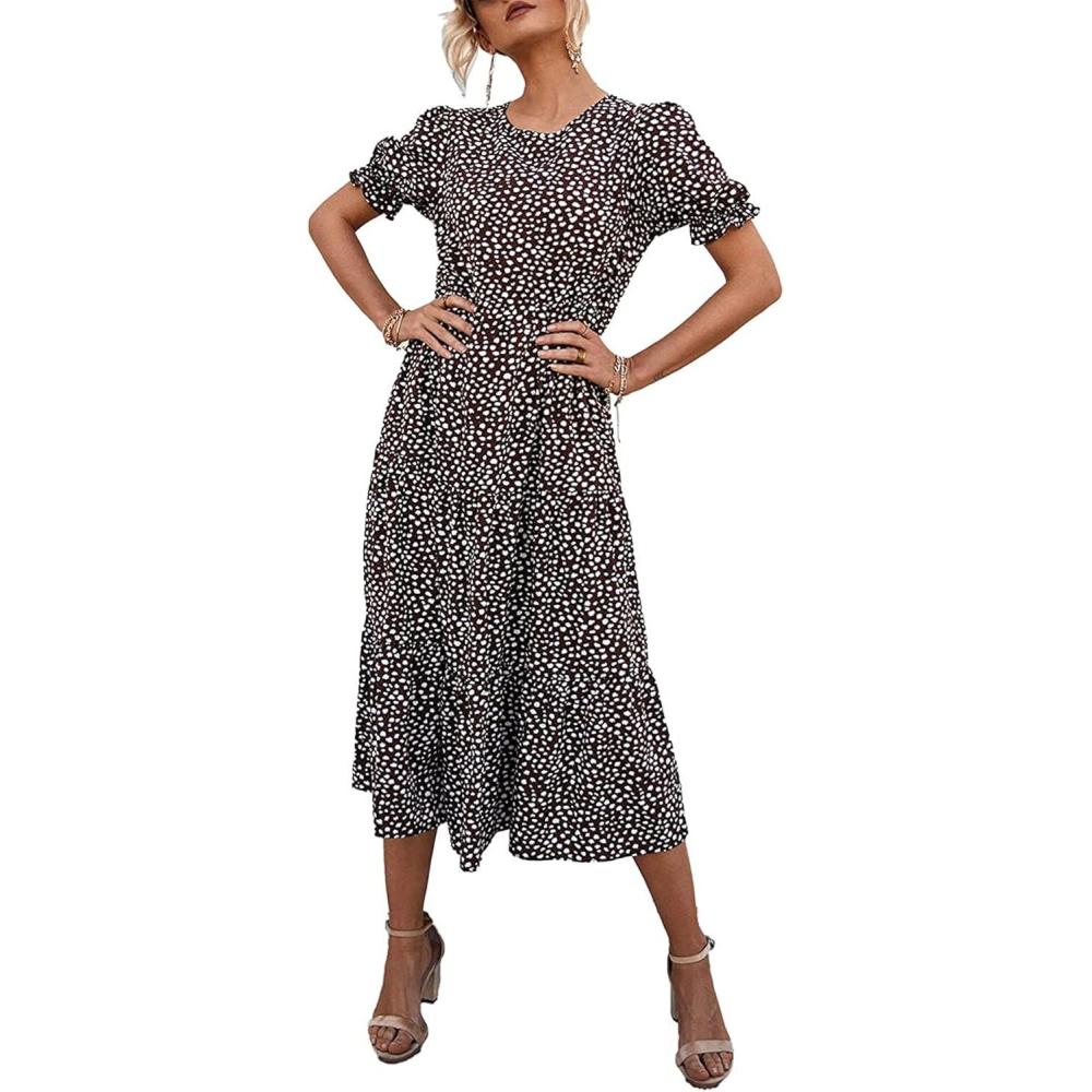 imagePRETTYGARDEN Summer Dresses for Women 2026 Casual Floral Boho Midi Sun Dress Puff Short Sleeve Flowy Beach Vacation SundressCoffee