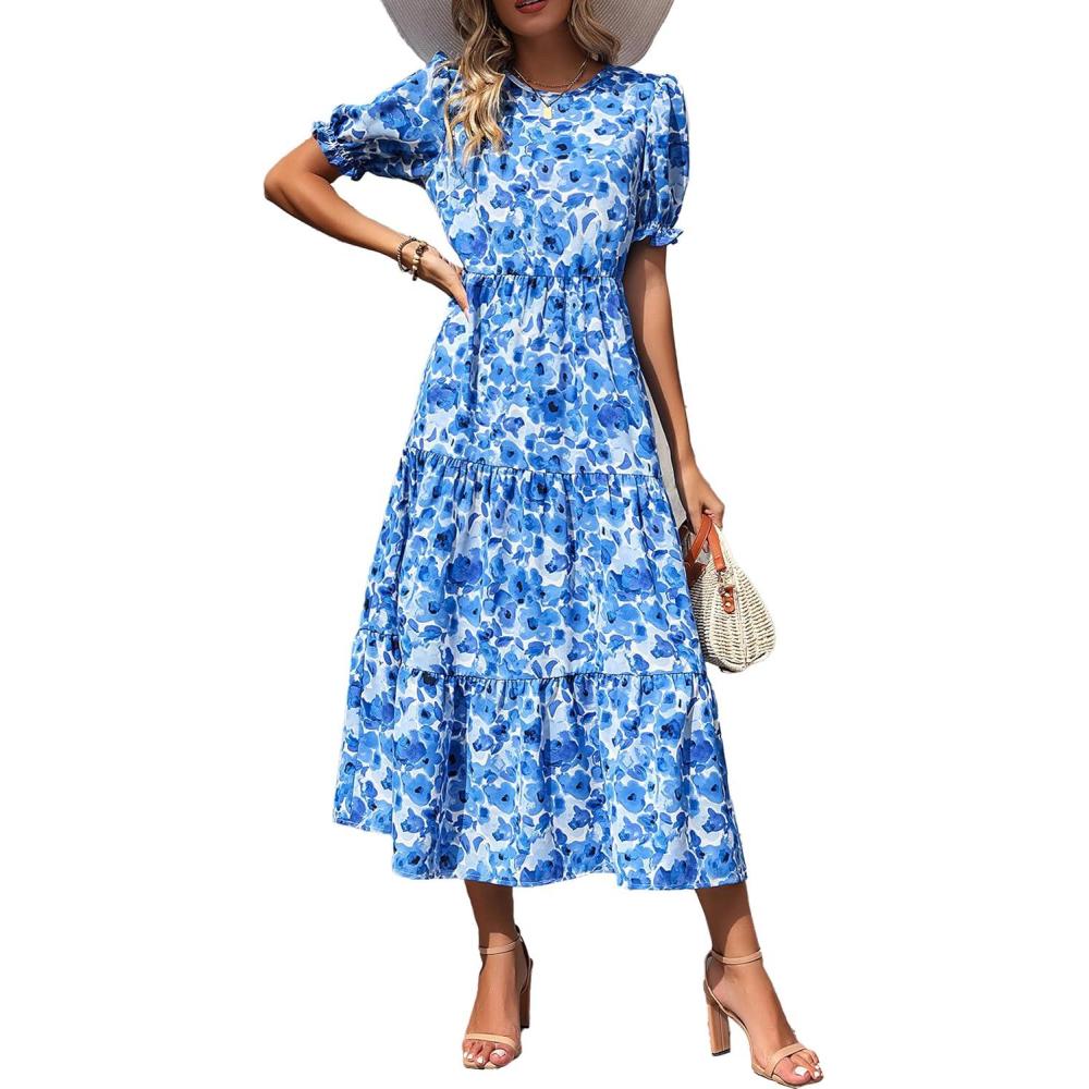 imagePRETTYGARDEN Summer Dresses for Women 2026 Casual Floral Boho Midi Sun Dress Puff Short Sleeve Flowy Beach Vacation SundressFloral Blue