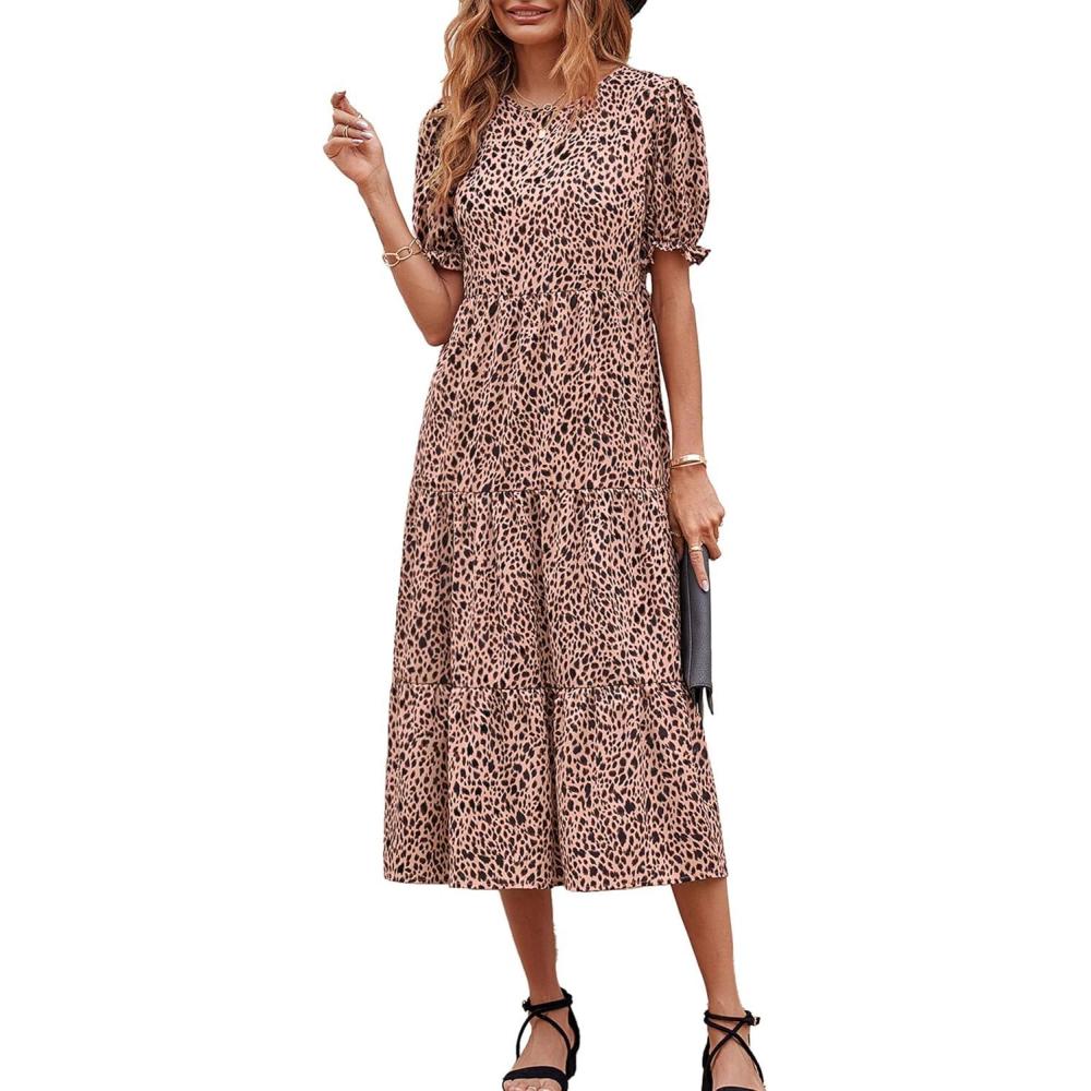 imagePRETTYGARDEN Summer Dresses for Women 2026 Casual Floral Boho Midi Sun Dress Puff Short Sleeve Flowy Beach Vacation SundressKhaki Black Leopard
