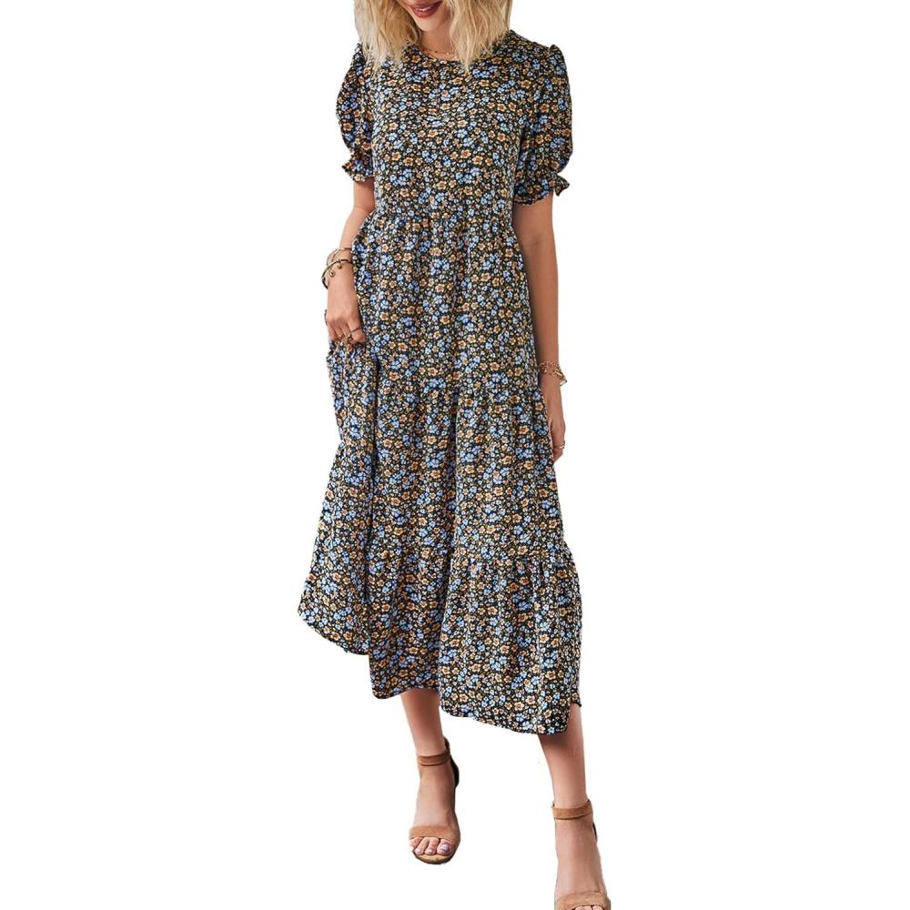 imagePRETTYGARDEN Summer Dresses for Women 2026 Casual Floral Boho Midi Sun Dress Puff Short Sleeve Flowy Beach Vacation SundressNavy Floral