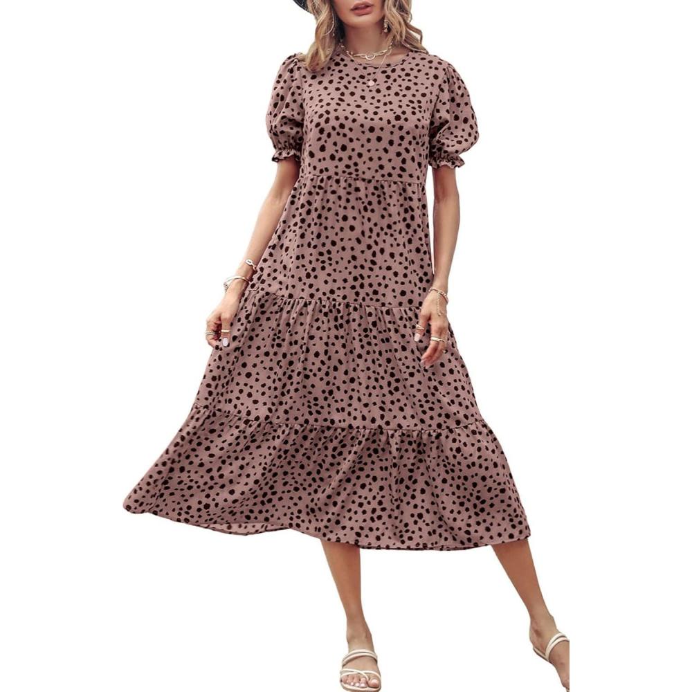 imagePRETTYGARDEN Summer Dresses for Women 2026 Casual Floral Boho Midi Sun Dress Puff Short Sleeve Flowy Beach Vacation SundressPink