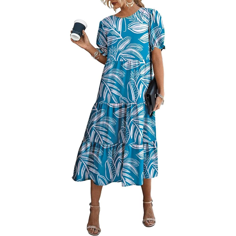 imagePRETTYGARDEN Summer Dresses for Women 2026 Casual Floral Boho Midi Sun Dress Puff Short Sleeve Flowy Beach Vacation SundressPrint Blue