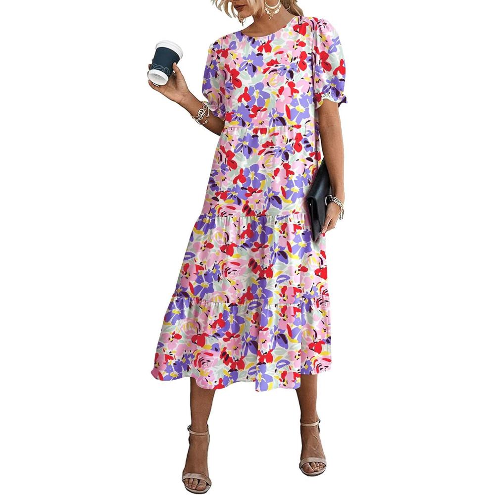 imagePRETTYGARDEN Summer Dresses for Women 2026 Casual Floral Boho Midi Sun Dress Puff Short Sleeve Flowy Beach Vacation SundressPrint Multicolored