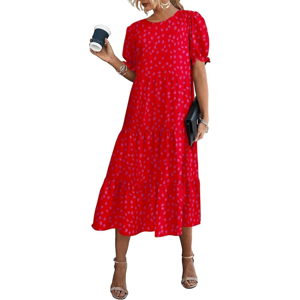 imagePRETTYGARDEN Summer Dresses for Women 2026 Casual Floral Boho Midi Sun Dress Puff Short Sleeve Flowy Beach Vacation SundressPrint Red