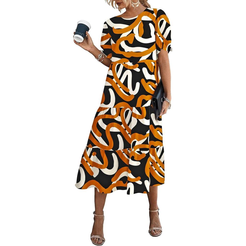 imagePRETTYGARDEN Summer Dresses for Women 2026 Casual Floral Boho Midi Sun Dress Puff Short Sleeve Flowy Beach Vacation SundressPrint Yellow White