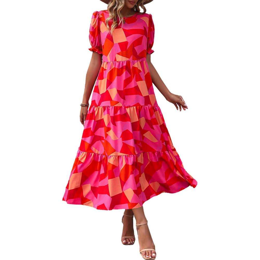 imagePRETTYGARDEN Summer Dresses for Women 2026 Casual Floral Boho Midi Sun Dress Puff Short Sleeve Flowy Beach Vacation SundressRed Block
