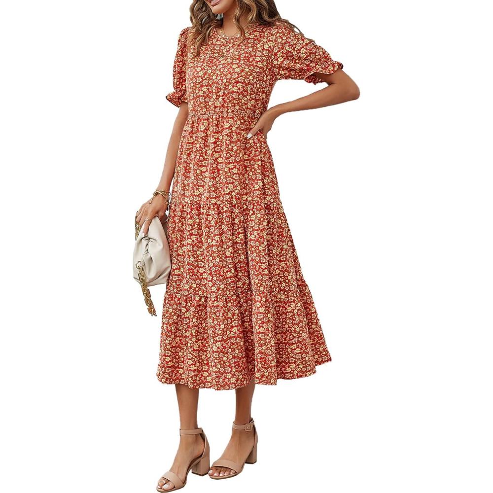 imagePRETTYGARDEN Summer Dresses for Women 2026 Casual Floral Boho Midi Sun Dress Puff Short Sleeve Flowy Beach Vacation SundressRed Orange Floral
