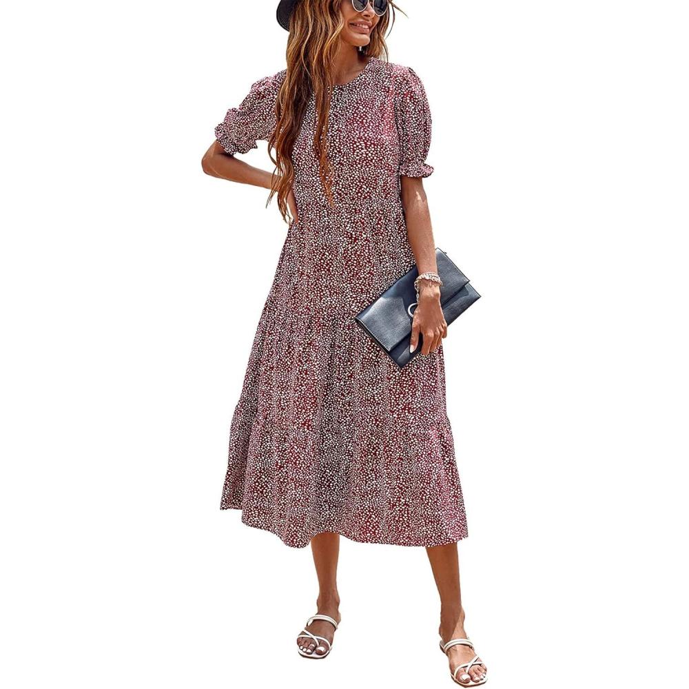 imagePRETTYGARDEN Summer Dresses for Women 2026 Casual Floral Boho Midi Sun Dress Puff Short Sleeve Flowy Beach Vacation SundressRed White