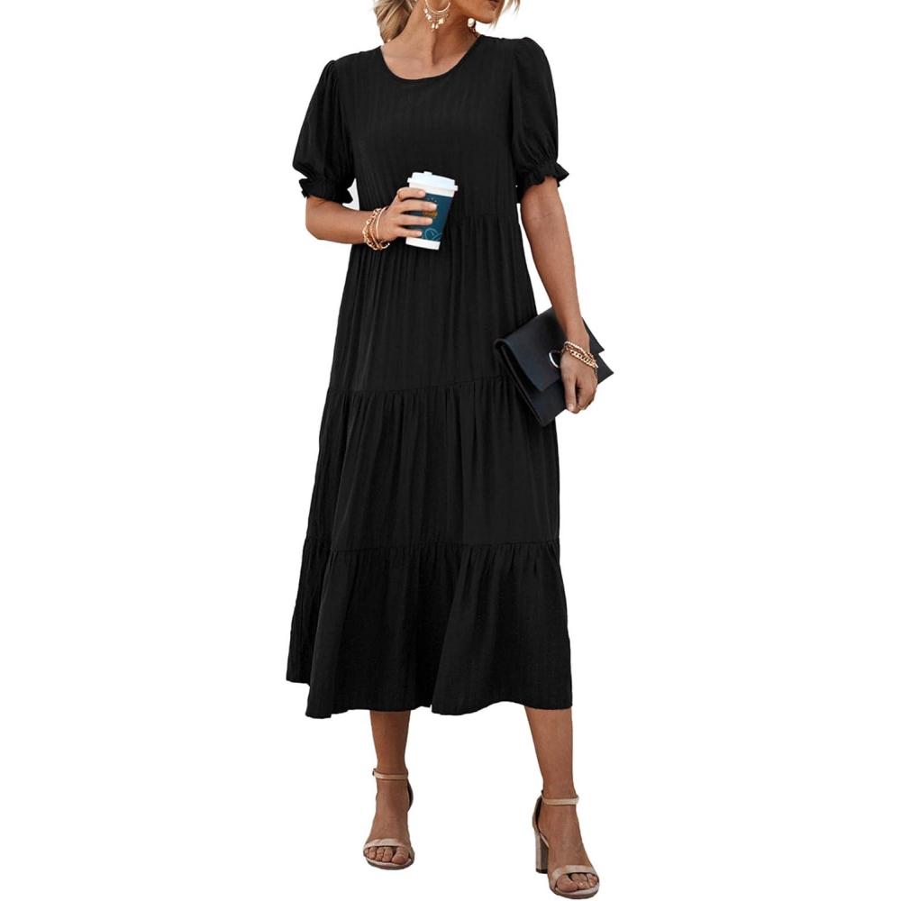 imagePRETTYGARDEN Summer Dresses for Women 2026 Casual Floral Boho Midi Sun Dress Puff Short Sleeve Flowy Beach Vacation SundressSolid Black