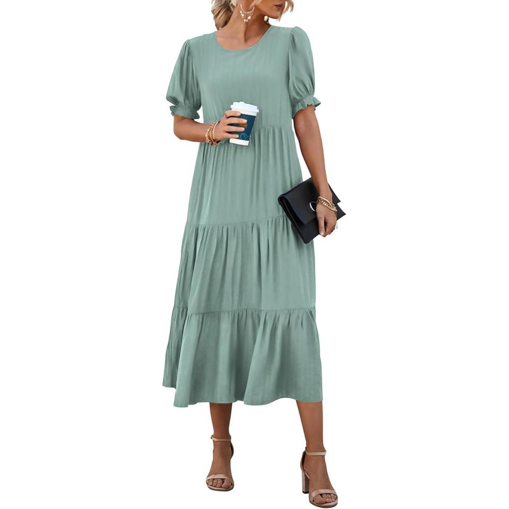 imagePRETTYGARDEN Summer Dresses for Women 2026 Casual Floral Boho Midi Sun Dress Puff Short Sleeve Flowy Beach Vacation SundressSolid Green