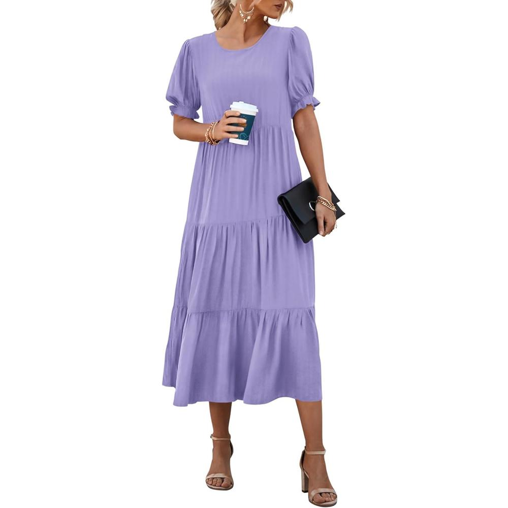 imagePRETTYGARDEN Summer Dresses for Women 2026 Casual Floral Boho Midi Sun Dress Puff Short Sleeve Flowy Beach Vacation SundressSolid Purple