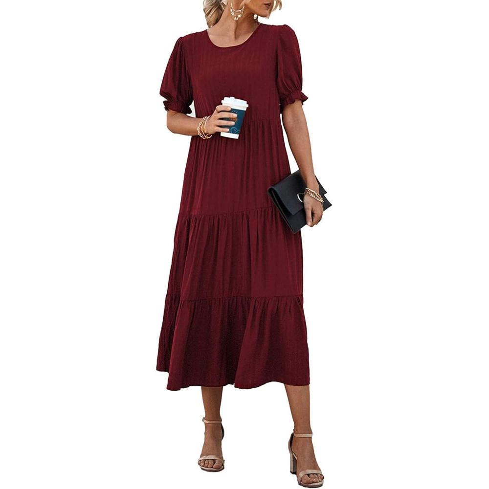 imagePRETTYGARDEN Summer Dresses for Women 2026 Casual Floral Boho Midi Sun Dress Puff Short Sleeve Flowy Beach Vacation SundressSolid Wine Red