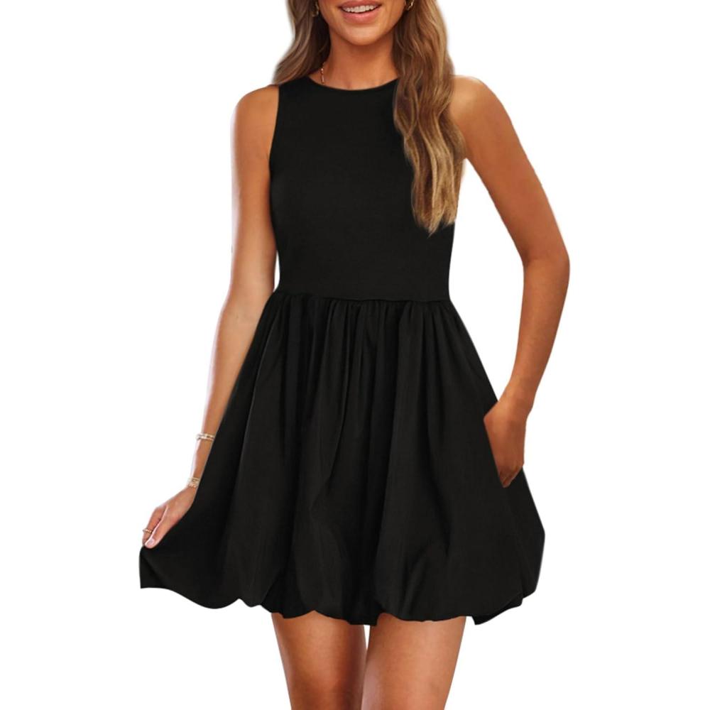 imagePRETTYGARDEN Summer Dresses for Women 2026 Casual Sleeveless Tank Mini Short Dress Crew Neck Bubble Sundress with PocketsBlack
