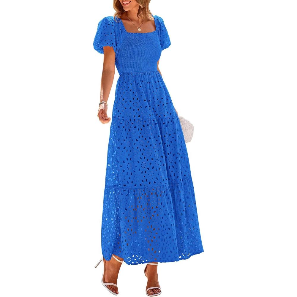 imagePRETTYGARDEN Summer Dresses for Women 2026 Eyelet Square Neck Puff Sleeve Smocked Wedding Guest Maxi Dress with PocketsBlue