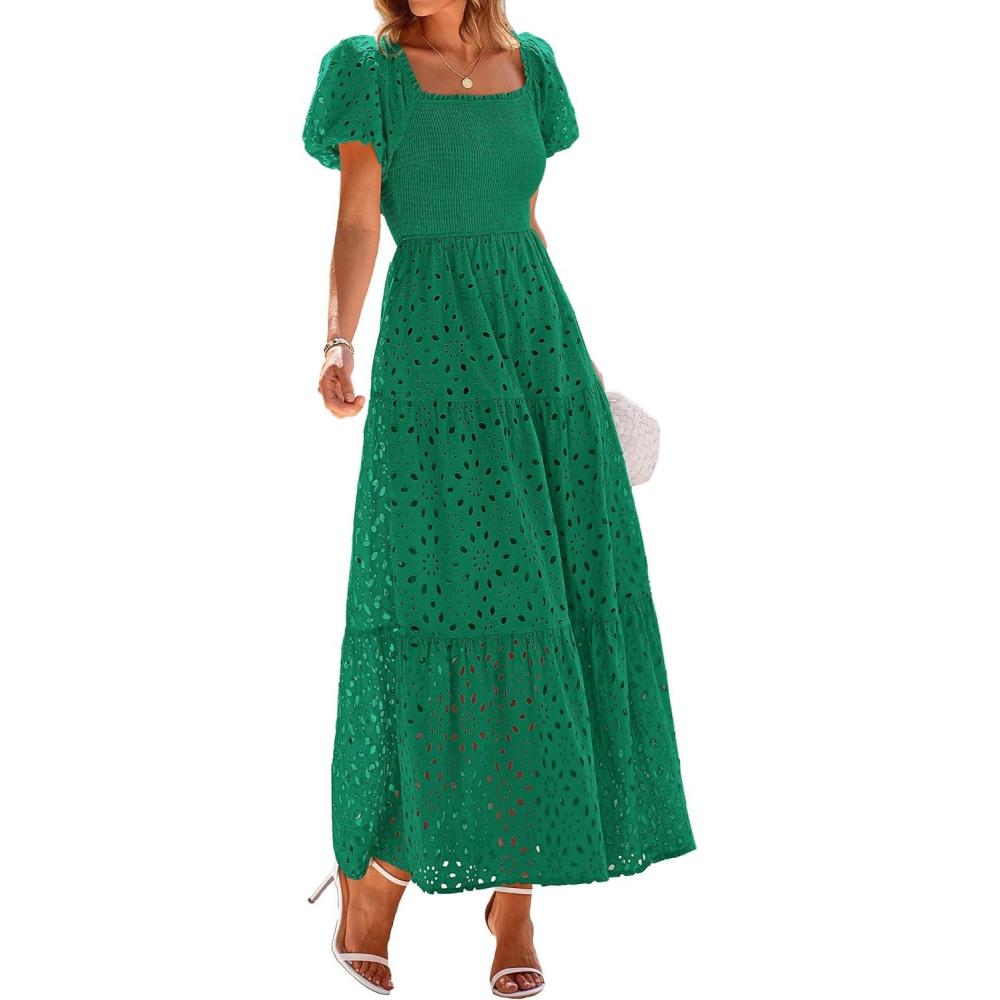 imagePRETTYGARDEN Summer Dresses for Women 2026 Eyelet Square Neck Puff Sleeve Smocked Wedding Guest Maxi Dress with PocketsDark Green