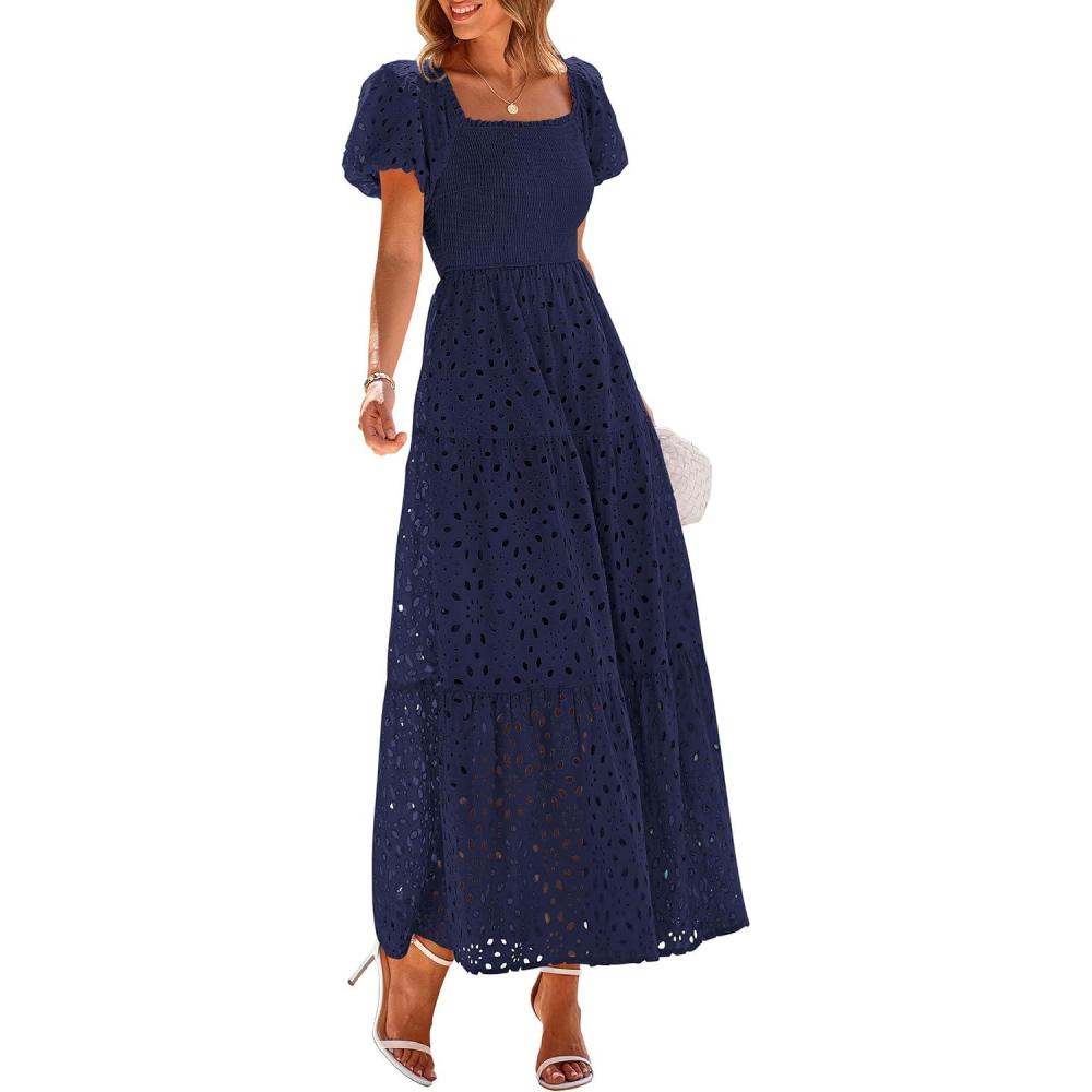 imagePRETTYGARDEN Summer Dresses for Women 2026 Eyelet Square Neck Puff Sleeve Smocked Wedding Guest Maxi Dress with PocketsNavy