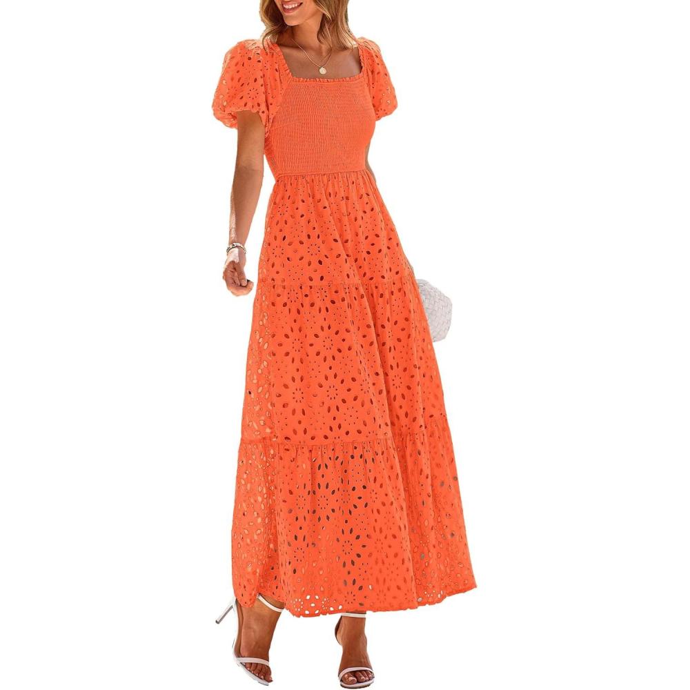imagePRETTYGARDEN Summer Dresses for Women 2026 Eyelet Square Neck Puff Sleeve Smocked Wedding Guest Maxi Dress with PocketsOrange
