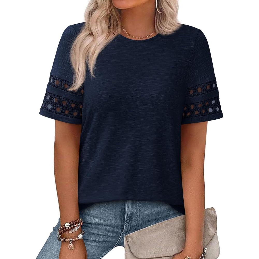 imagePRETTYGARDEN Summer Tops for Women 2026 Lace Short Sleeve TShirts Casual Blouses Spring Fashion Clothes Vacation OutfitsNavy Blue