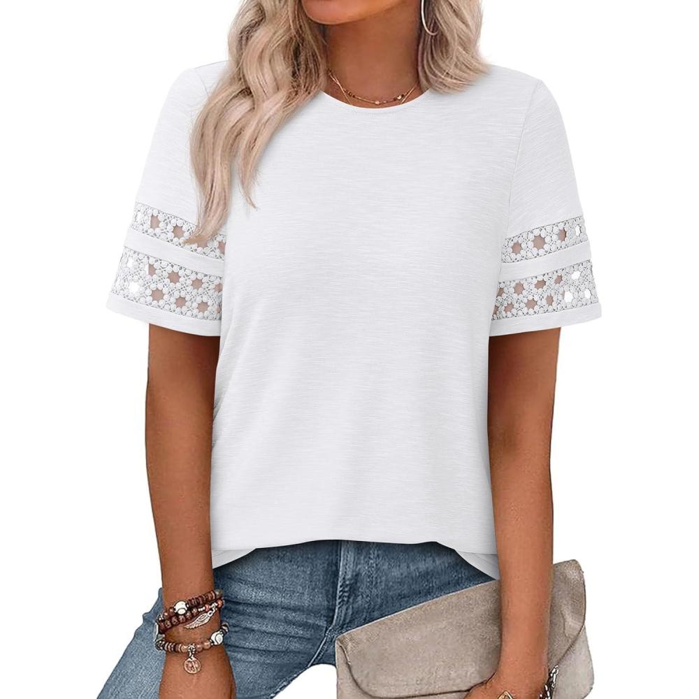 imagePRETTYGARDEN Summer Tops for Women 2026 Lace Short Sleeve TShirts Casual Blouses Spring Fashion Clothes Vacation OutfitsWhite