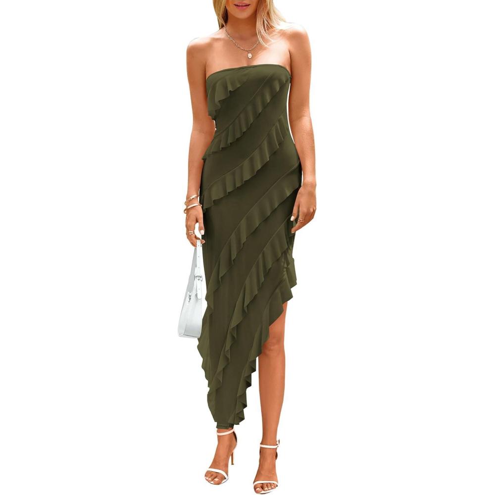 imagePRETTYGARDEN Summer Wedding Guest Dresses for Women 2026 Strapless Tube Ruffle Elegant Dinner Cocktail Long Spring DressArmy Green