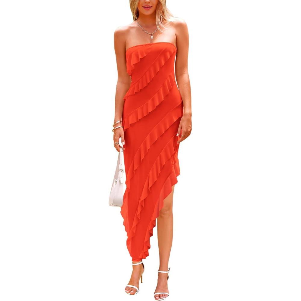 imagePRETTYGARDEN Summer Wedding Guest Dresses for Women 2026 Strapless Tube Ruffle Elegant Dinner Cocktail Long Spring DressOrange