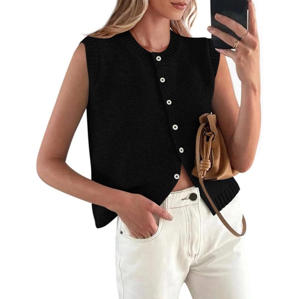 imagePRETTYGARDEN Sweater Vest Tops for Women 2026 Lightweight Summer Cardigan Sleeveless Button Up Knit Casual Spring ClothesBlack