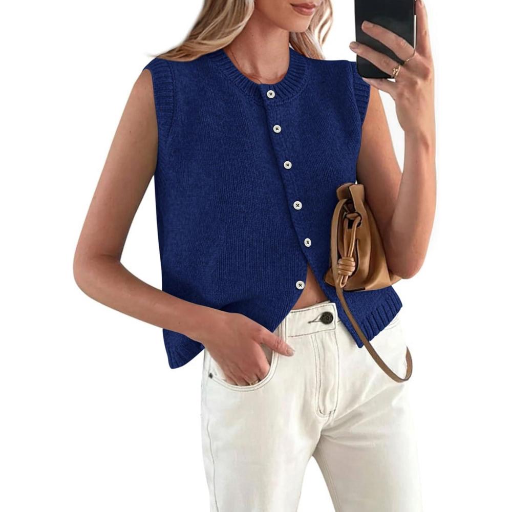imagePRETTYGARDEN Sweater Vest Tops for Women 2026 Lightweight Summer Cardigan Sleeveless Button Up Knit Casual Spring ClothesDark Blue