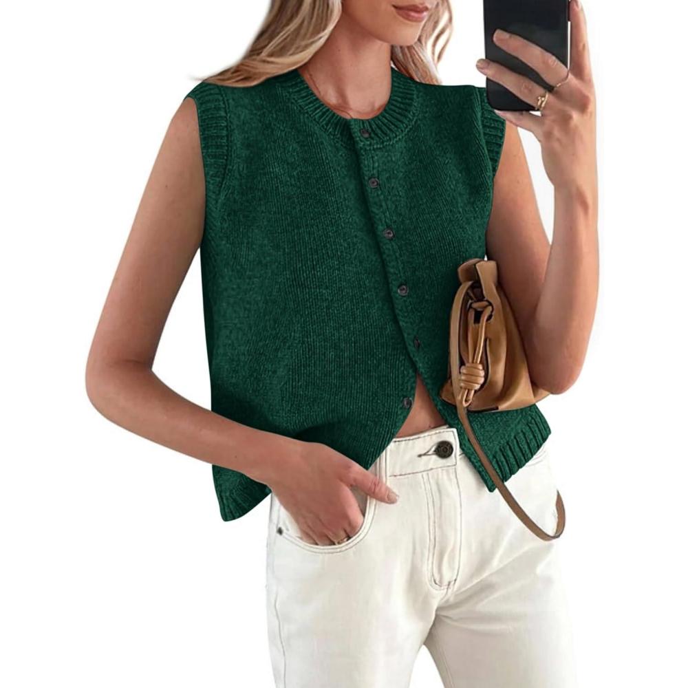 imagePRETTYGARDEN Sweater Vest Tops for Women 2026 Lightweight Summer Cardigan Sleeveless Button Up Knit Casual Spring ClothesDark Green