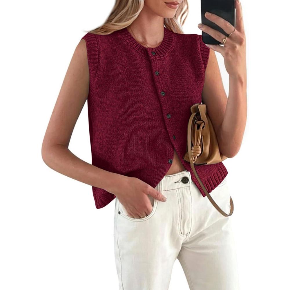 imagePRETTYGARDEN Sweater Vest Tops for Women 2026 Lightweight Summer Cardigan Sleeveless Button Up Knit Casual Spring ClothesDark Wine Red