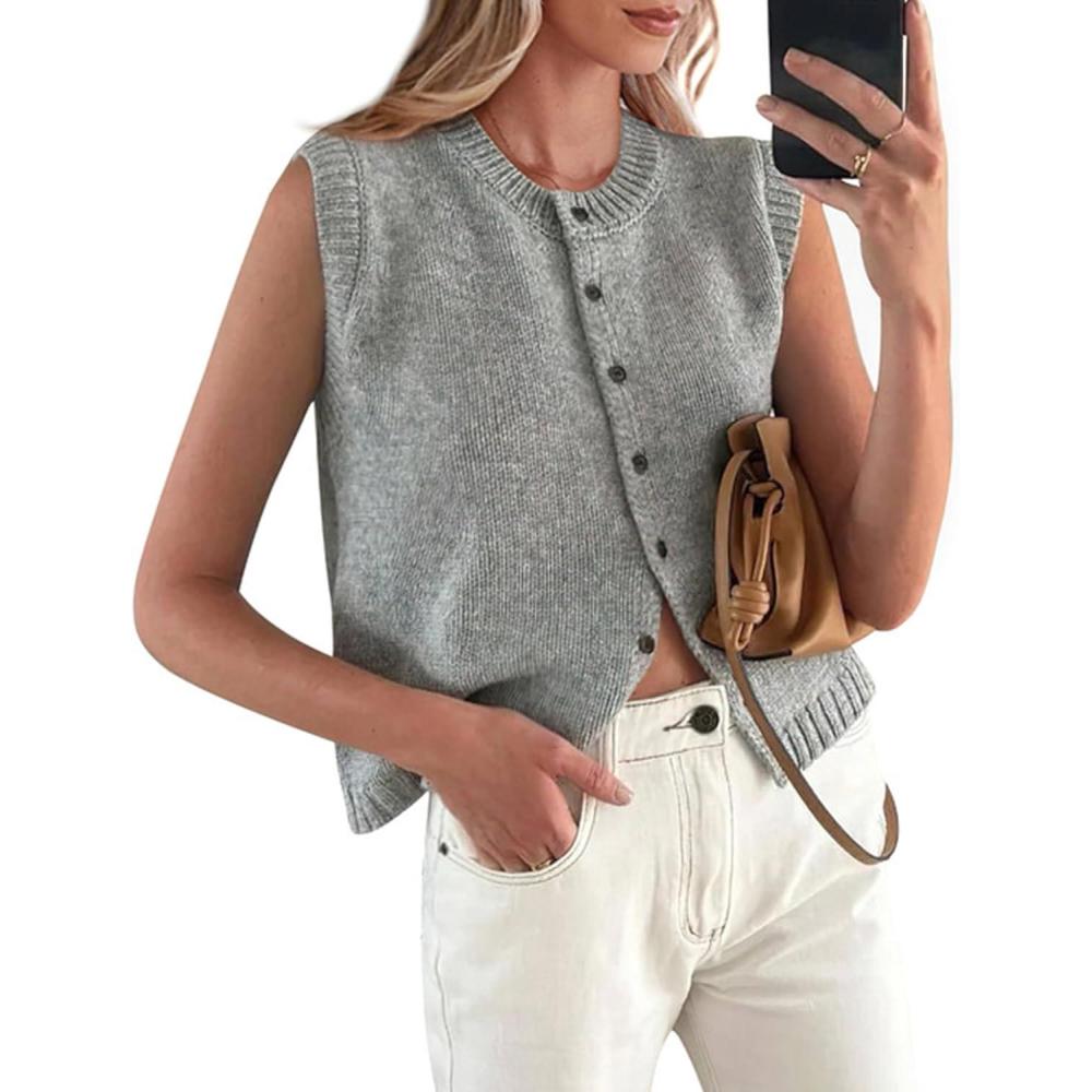 imagePRETTYGARDEN Sweater Vest Tops for Women 2026 Lightweight Summer Cardigan Sleeveless Button Up Knit Casual Spring ClothesGrey