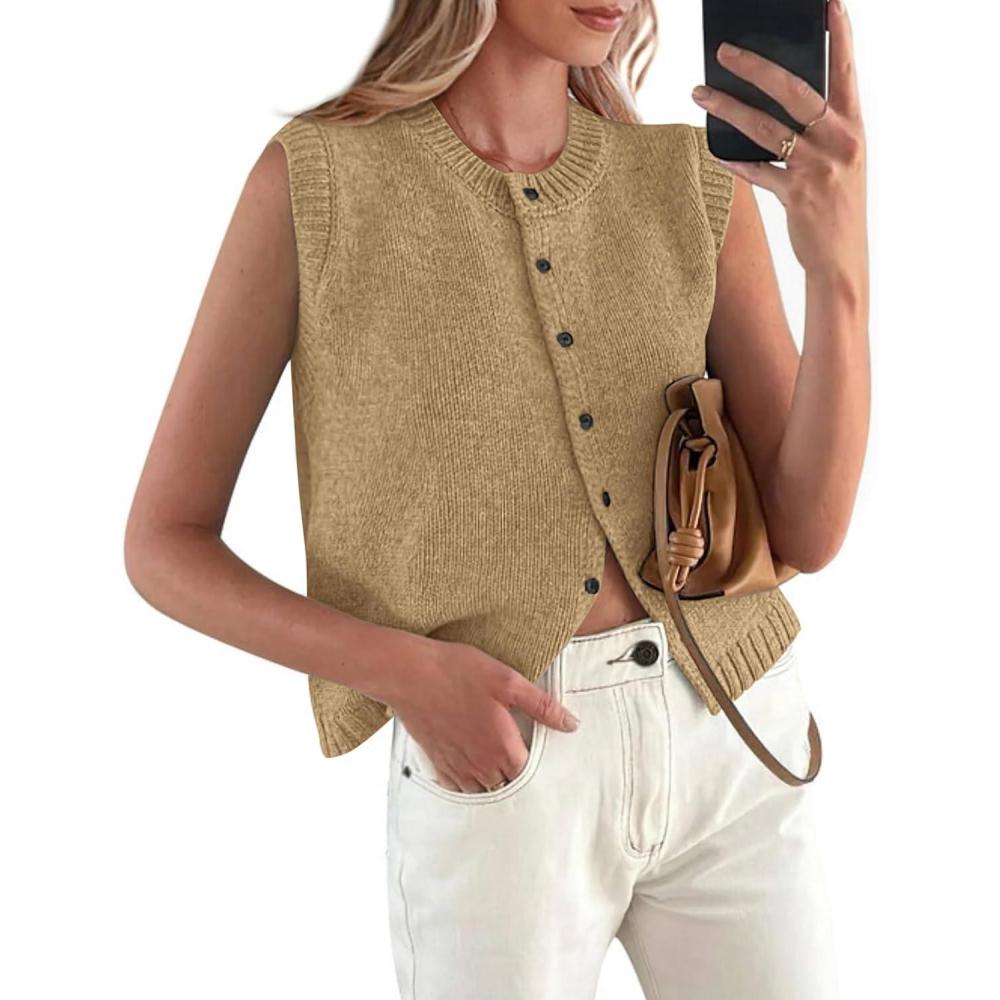 imagePRETTYGARDEN Sweater Vest Tops for Women 2026 Lightweight Summer Cardigan Sleeveless Button Up Knit Casual Spring ClothesLight Khaki