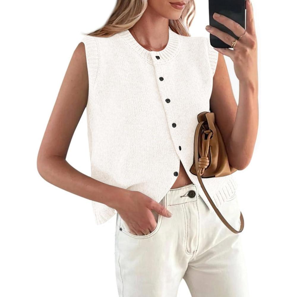imagePRETTYGARDEN Sweater Vest Tops for Women 2026 Lightweight Summer Cardigan Sleeveless Button Up Knit Casual Spring ClothesWhite