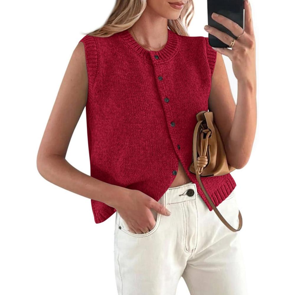 imagePRETTYGARDEN Sweater Vest Tops for Women 2026 Lightweight Summer Cardigan Sleeveless Button Up Knit Casual Spring ClothesWine Red