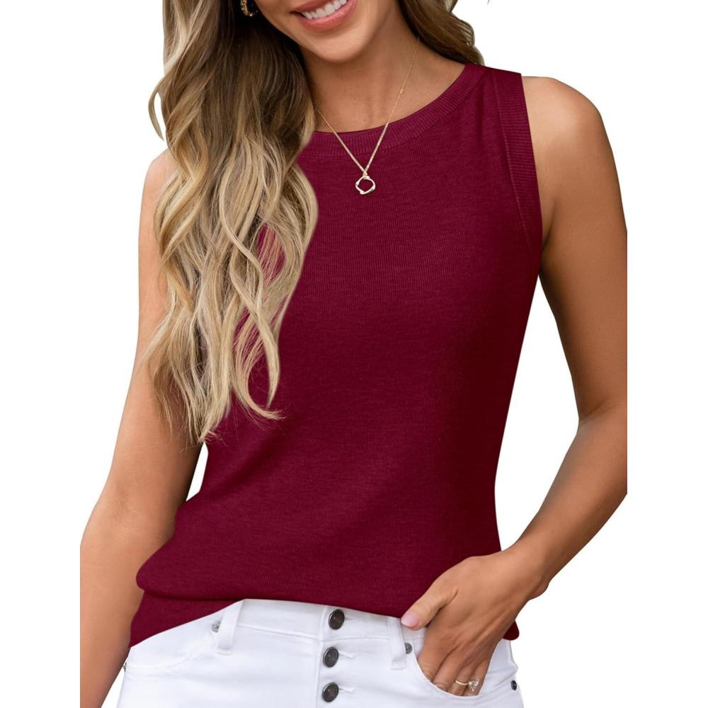 imagePRETTYGARDEN Tank Top for Women 2026 Summer Sleeveless Sweater Tops Spring Business Casual Work Shirts Ribbed Knit BlousesBurgundy