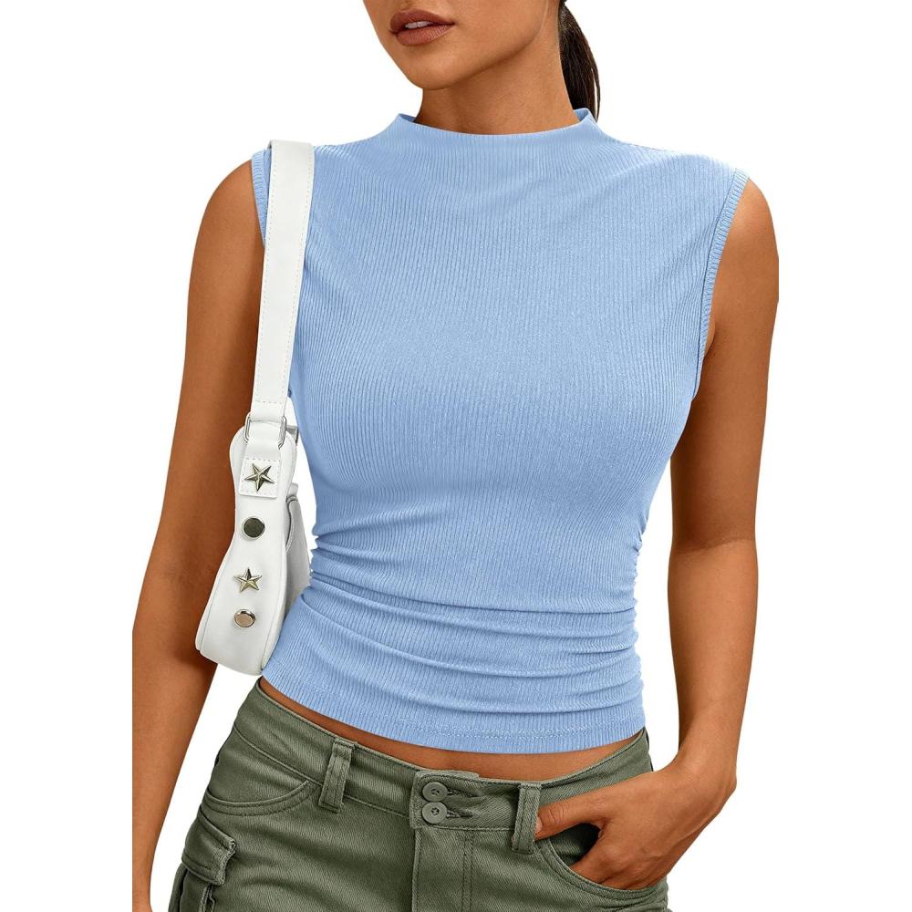 imagePRETTYGARDEN Tank Tops for Women 2026 Summer Mock Neck Ribbed Knit Slim Fitted Shirts Going Out Top Spring Fashion ClothesLight Blue