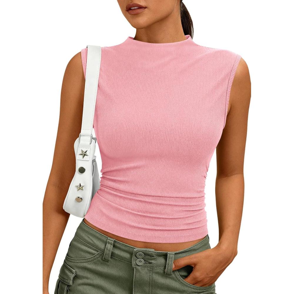 imagePRETTYGARDEN Tank Tops for Women 2026 Summer Mock Neck Ribbed Knit Slim Fitted Shirts Going Out Top Spring Fashion ClothesPink