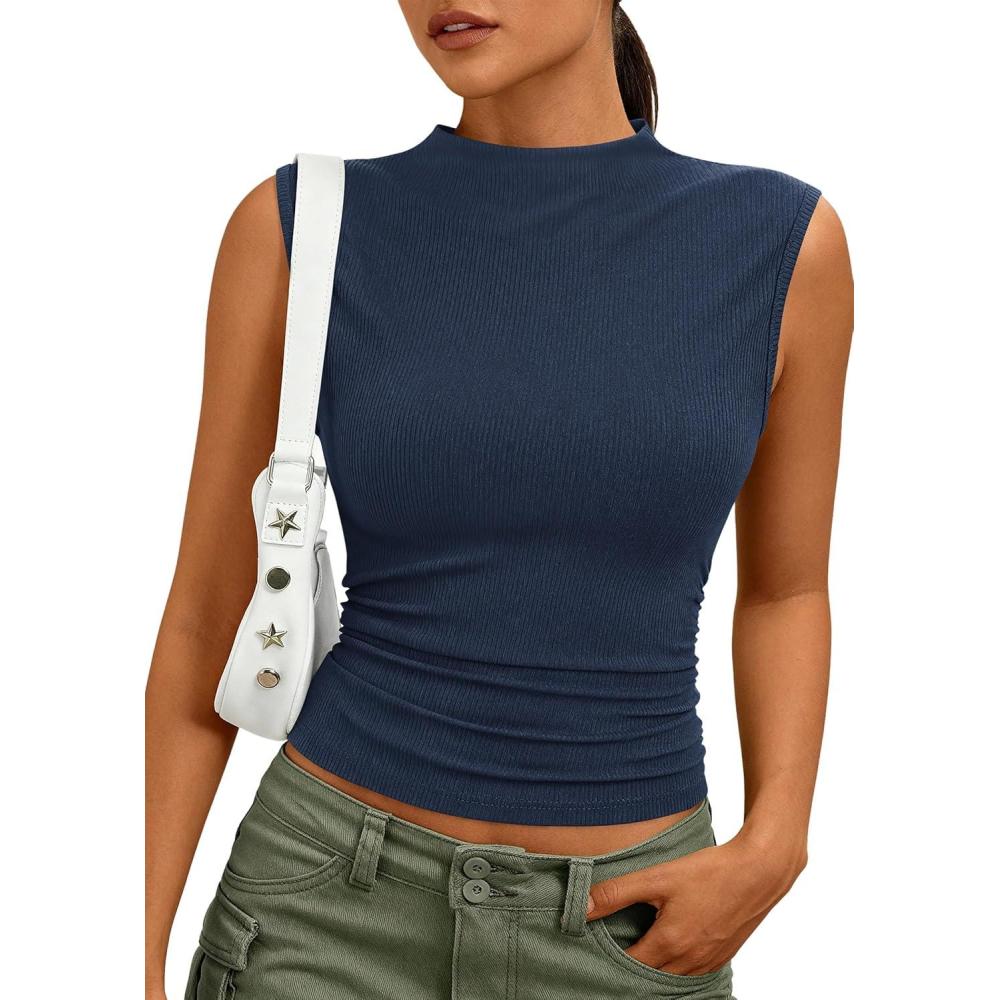 imagePRETTYGARDEN Tank Tops for Women 2026 Summer Mock Neck Ribbed Knit Slim Fitted Shirts Going Out Top Spring Fashion ClothesRoyal Blue